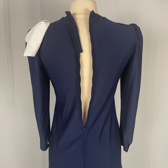 Vintage Dress Size 7 Navy Blue Bow Puff Sleeve Secretary Retro Preppy 70s 80s - Picture 9 of 16